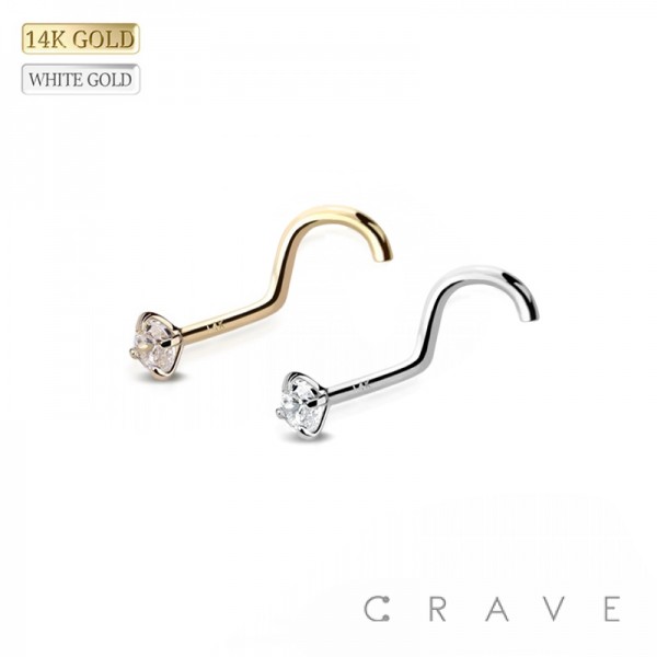 14K Gold NOSE SCREW FISH HOOK WITH PRONG SET GEM